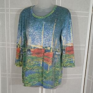 Knit Tee Watercolor Boat Scene